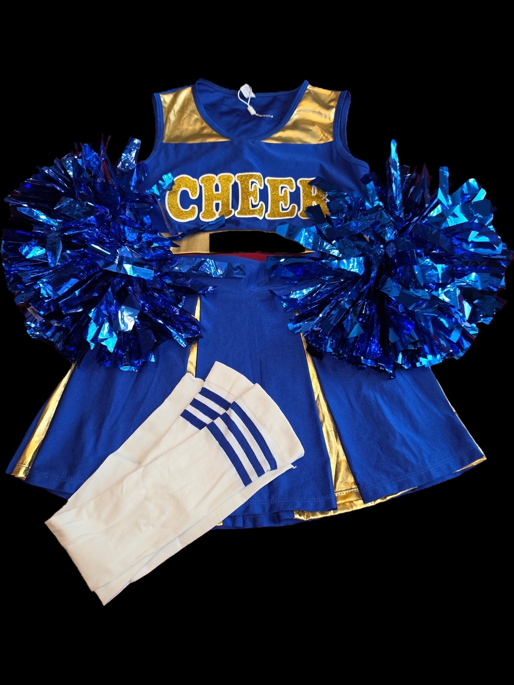 Girls Blue and Gold Cheerleader Costume Set with Pom-Poms